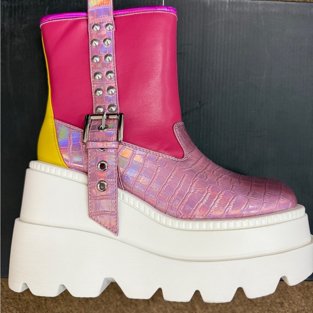 Cape Robbin Pink Iridescent Croc Platform Ankle Boots with Yellow Accent